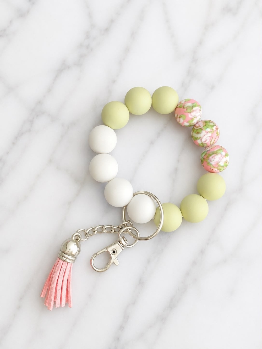 Beaded Wristlet Keychain - Pastel Green, White & Floral
